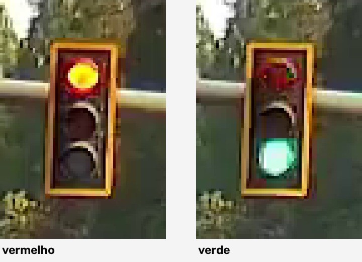 O mesmo semáforo em dois momentos, ampliado: com a lente vermelha acesa e com a verde acesa
